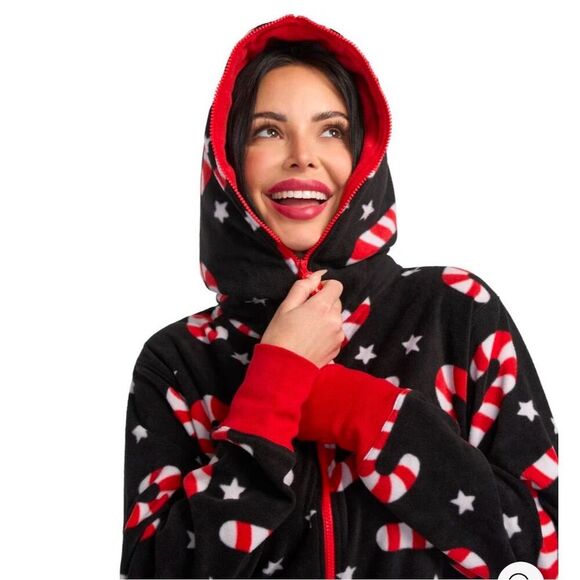 Tipsy Elves Unisex Black Candy Cane Lane Christmas Onesie Hooded Zip - Picture 4 of 4
